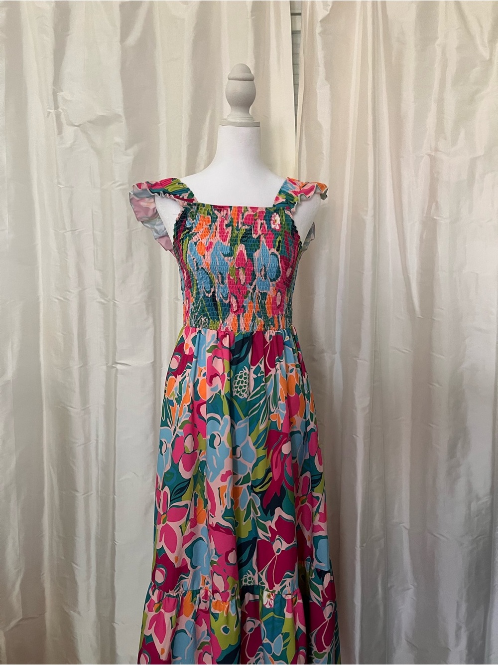Colorful Floral Smocked Maxi Dress - Pink, Teal, Blue